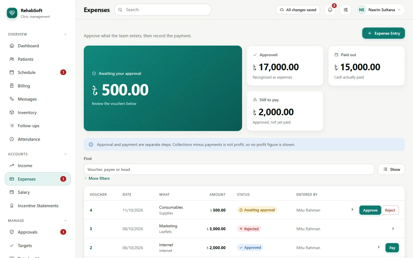 The expenses list with vouchers waiting for approval