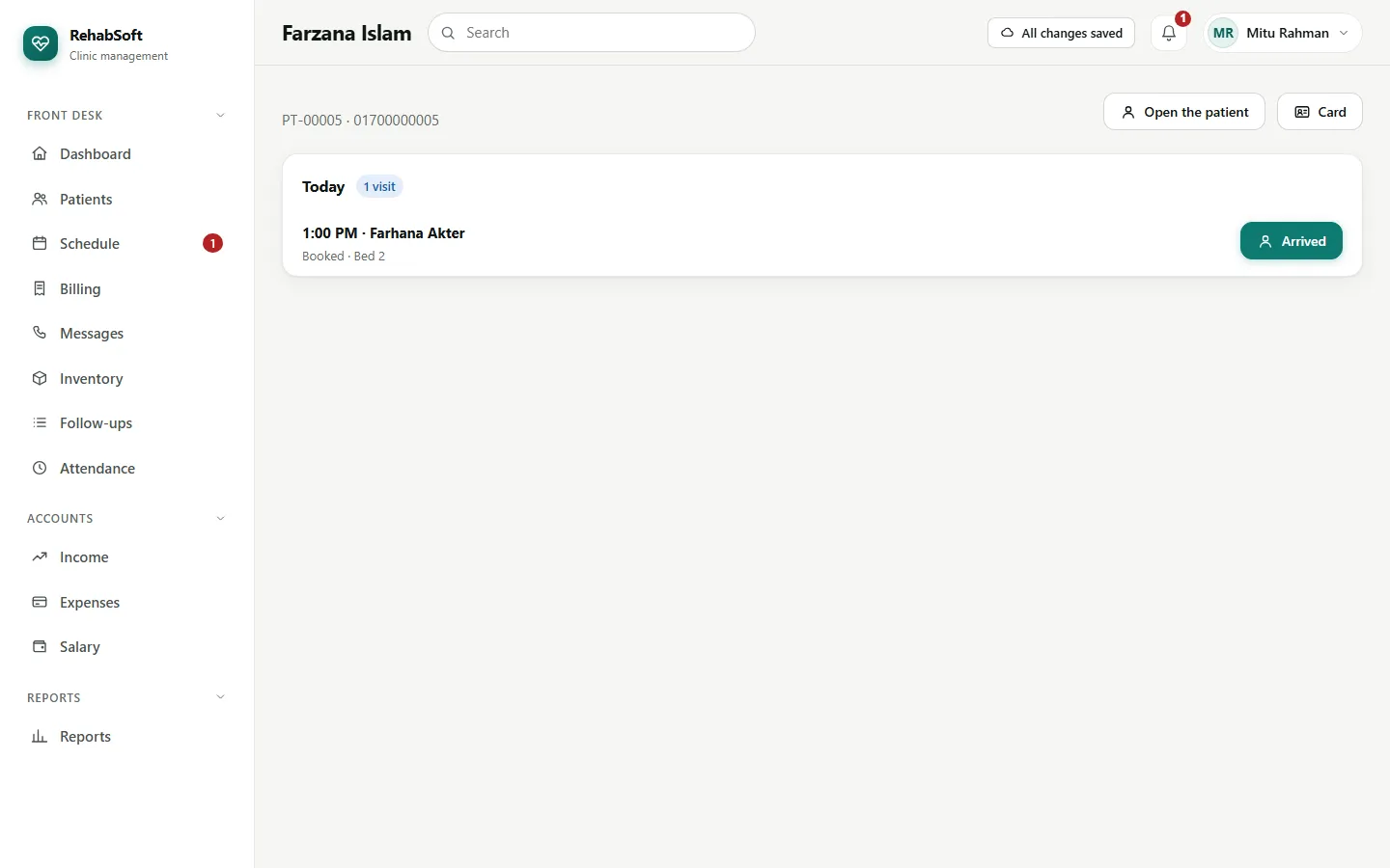 The check-in page: today's visit and the one button for the next step
