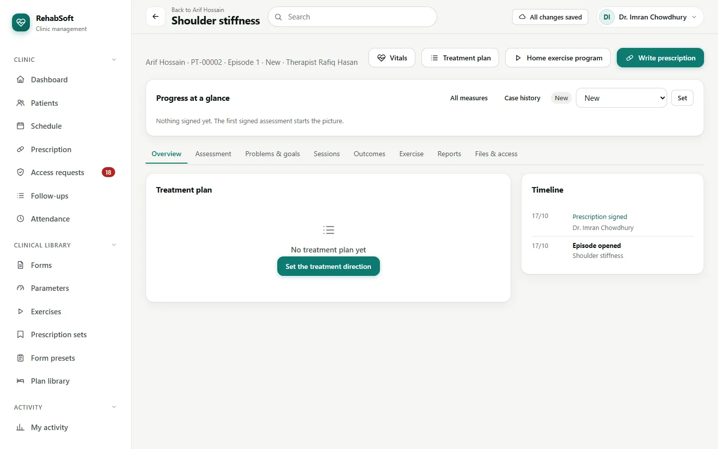 An episode: progress at a glance, tabs for assessment, sessions, outcomes, exercise and reports