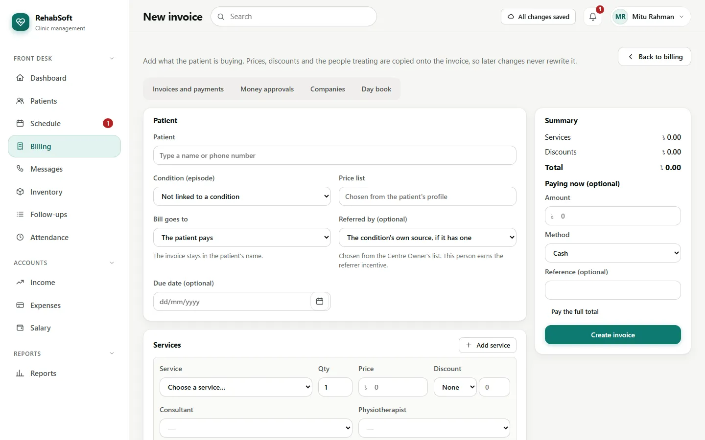 New invoice: services, categories, discount and paying the full total at once