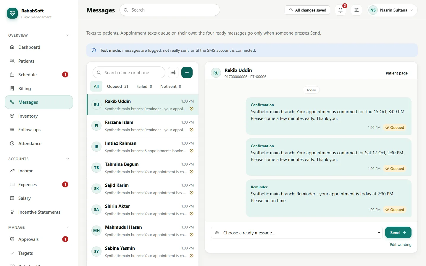 Messages: patients with texts, queued, sent and failed