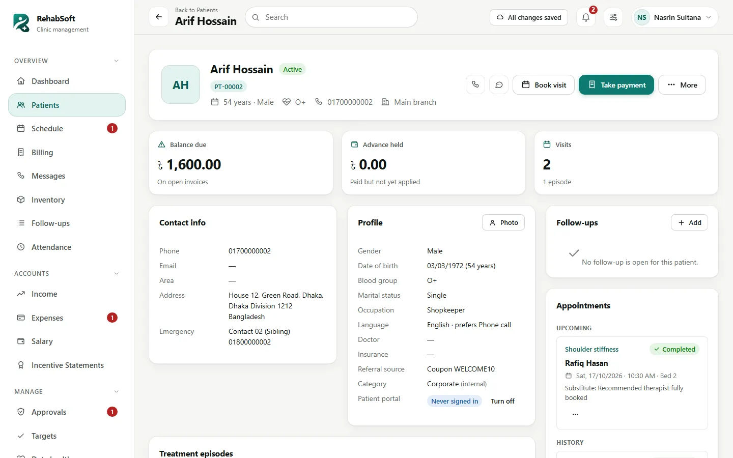 A patient's page with balance due, contact details, profile, follow-ups and appointments