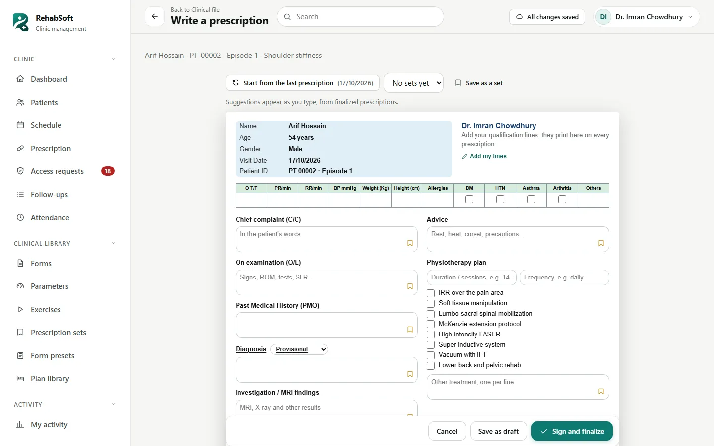 Writing a prescription on a screen laid out like the centre's A4 pad