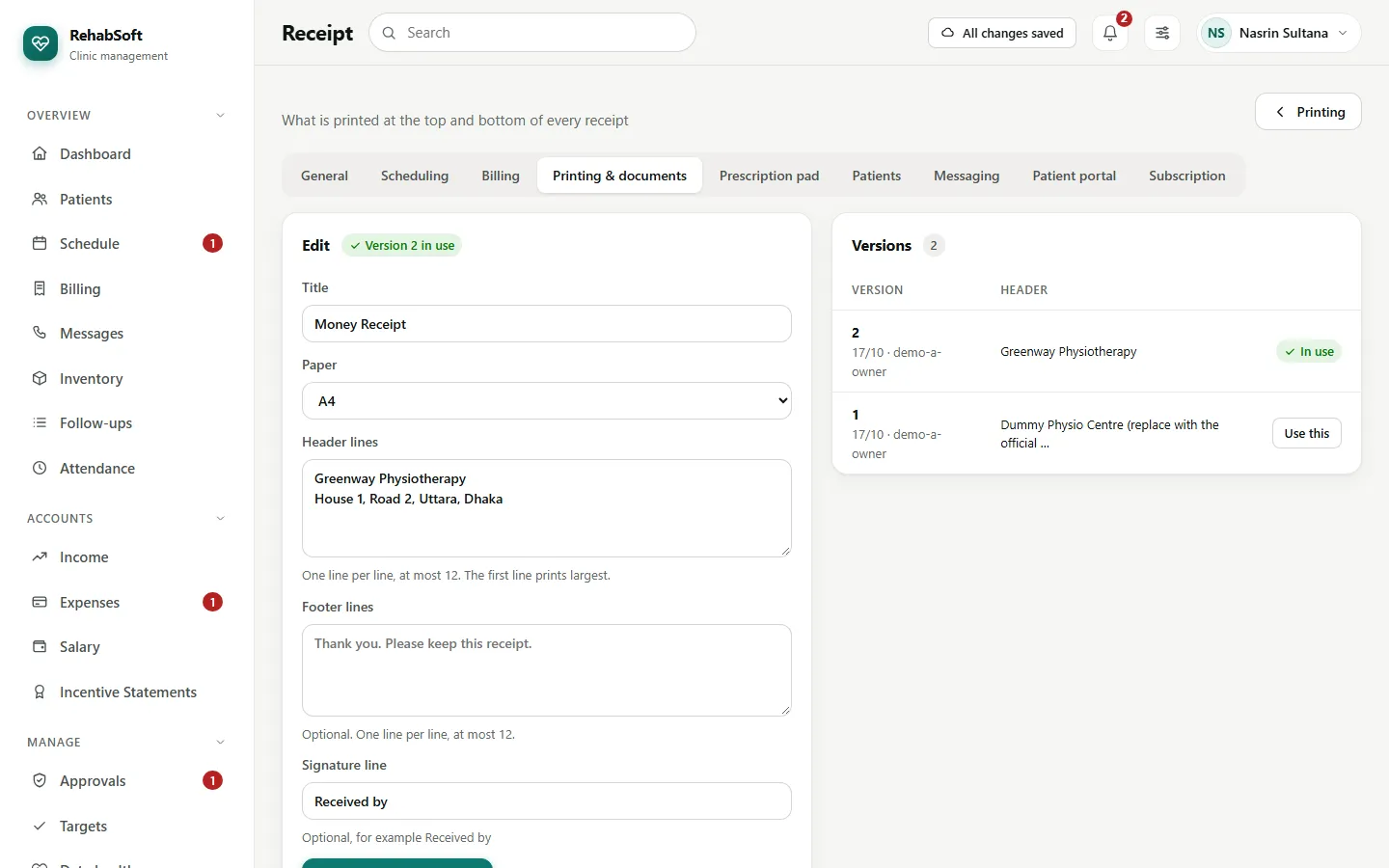 Editing the receipt: title, paper, header lines, footer lines and signature line