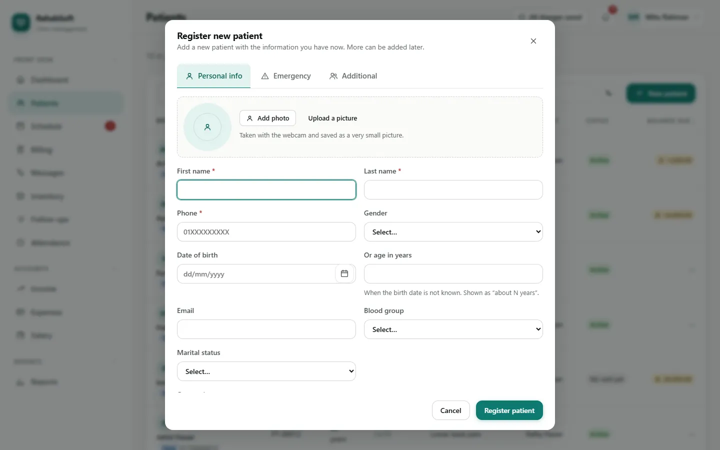 Register new patient: Personal info, Emergency and Additional tabs