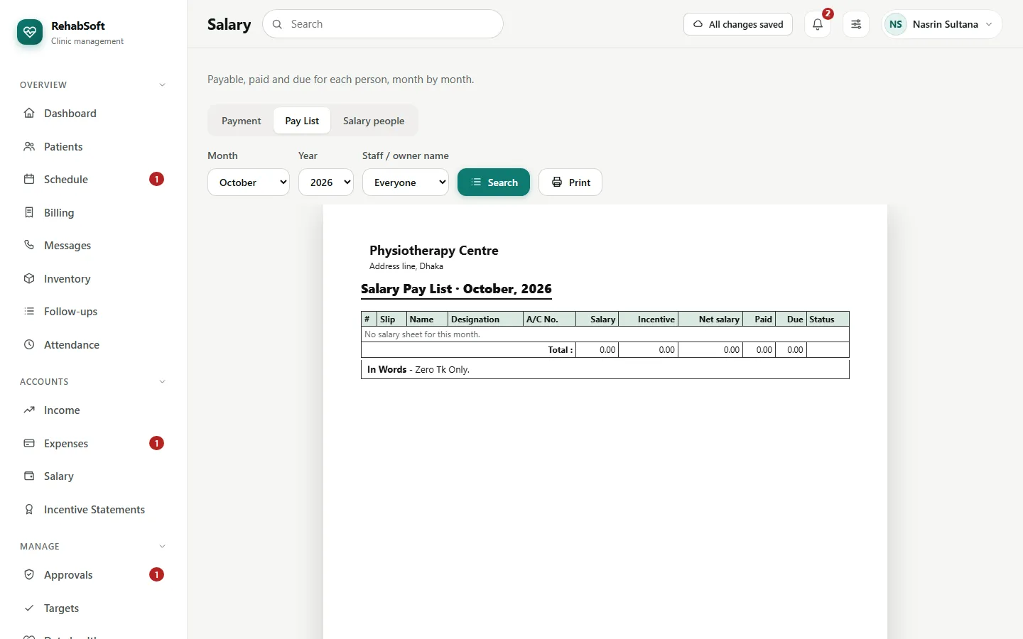 The monthly salary sheet with approved incentives