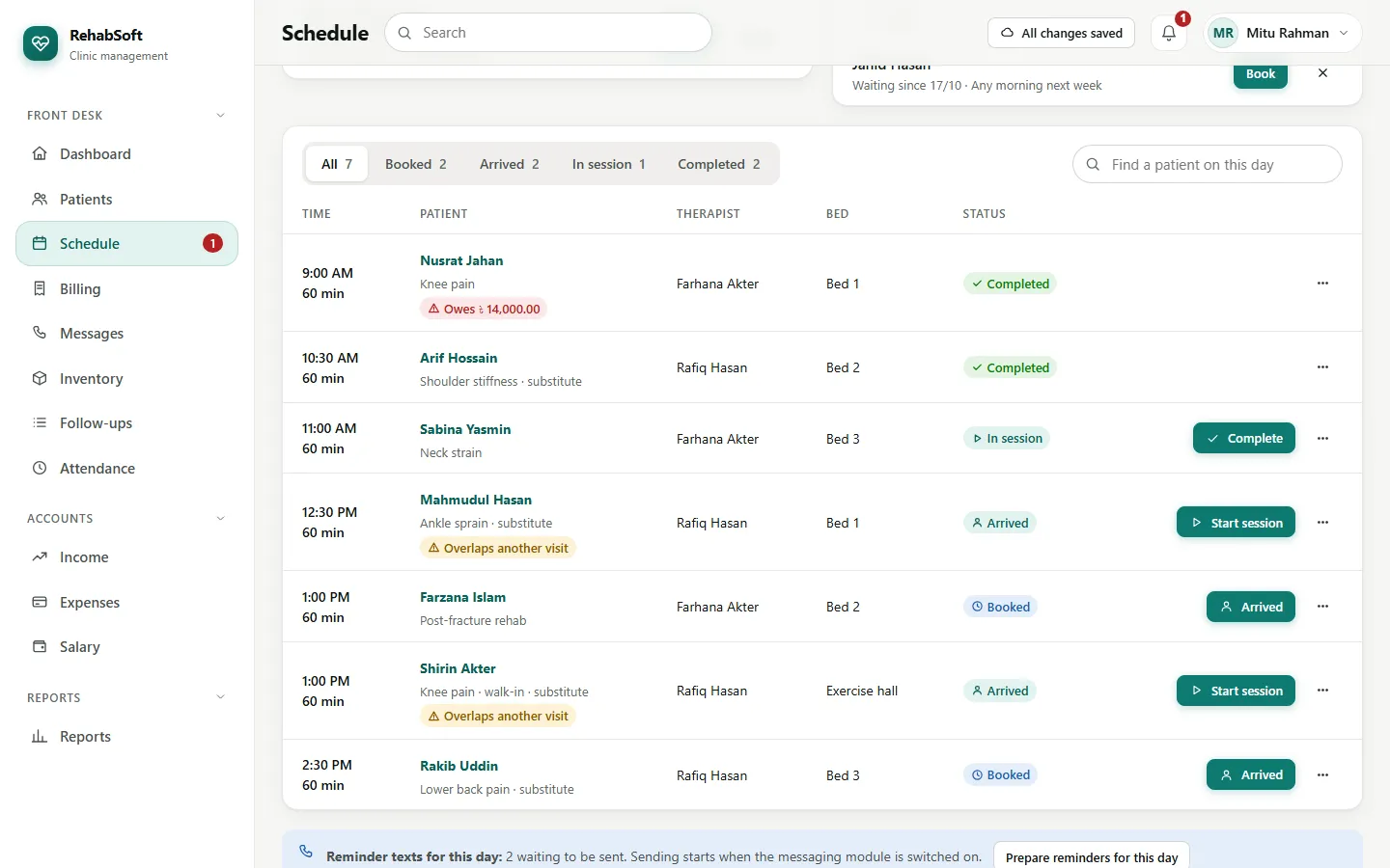Schedule, Day: each visit with its next button
