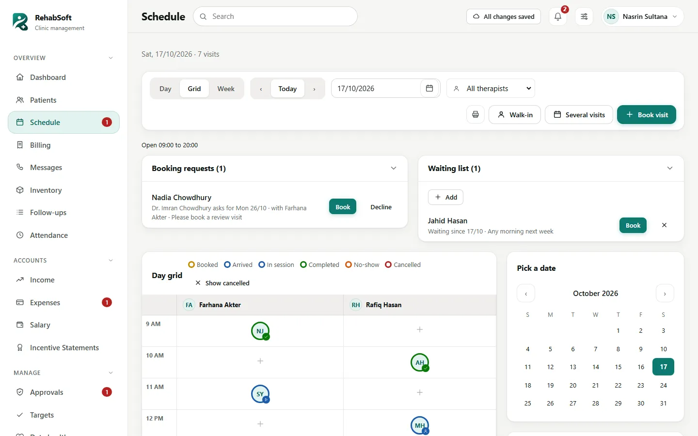 The schedule grid with one column per therapist and a round photo for each visit