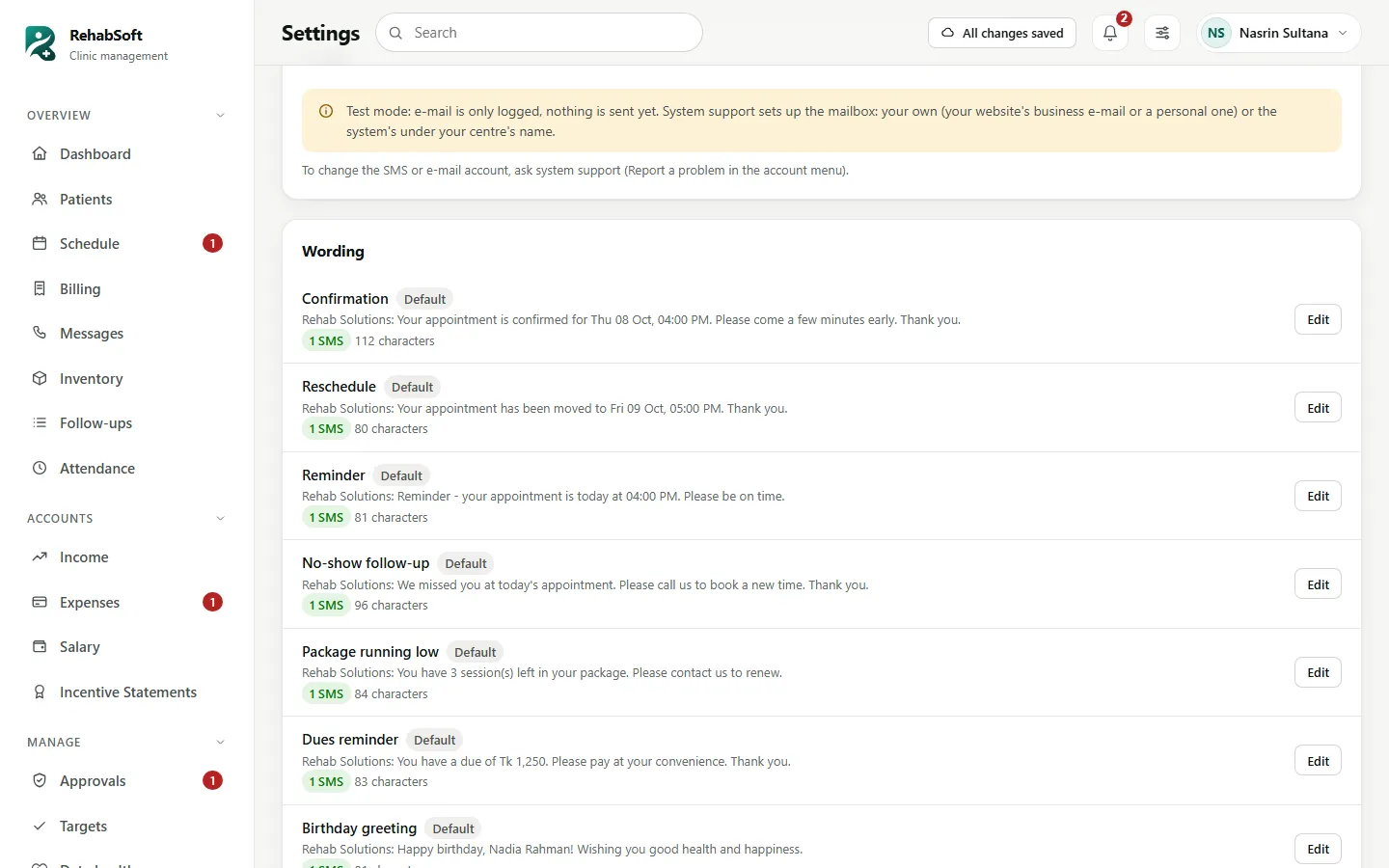 Messaging settings showing each text's length and SMS count