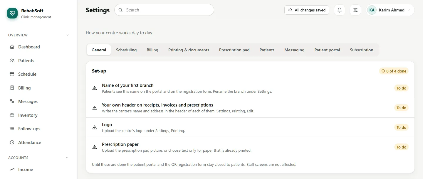 Settings, General: the Set-up checklist with four steps to do